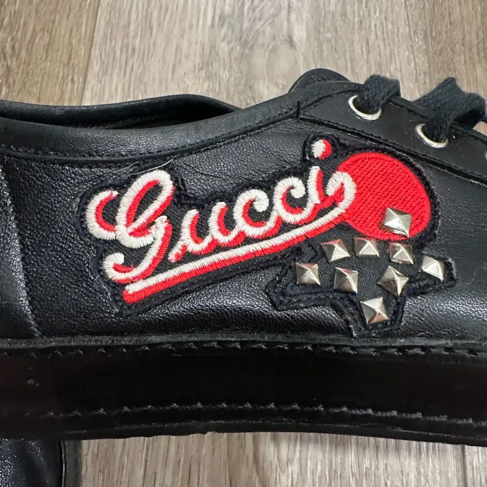 Gucci Black Leather Studded Script Logo Patch Low Top Sneakers Gucci 9 US Men 10